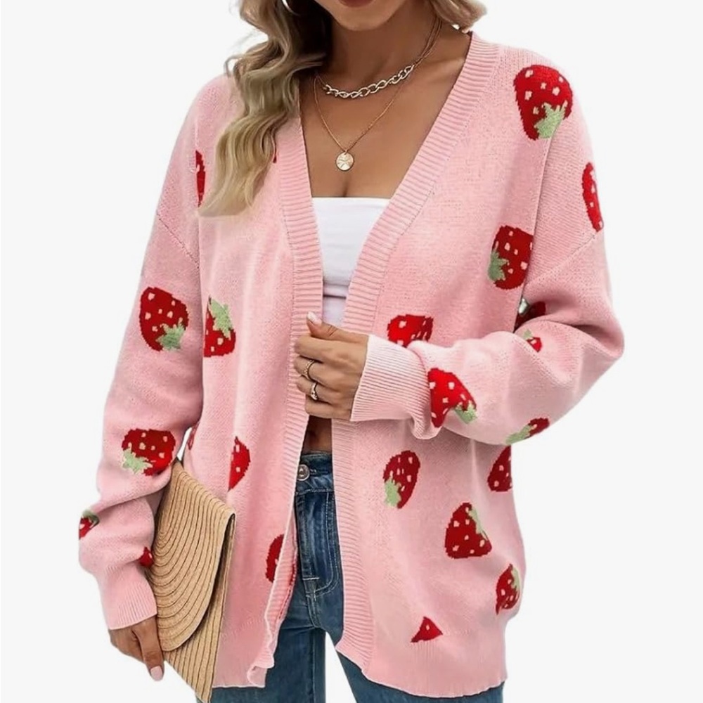 Strawberry Print Open Front Sweater